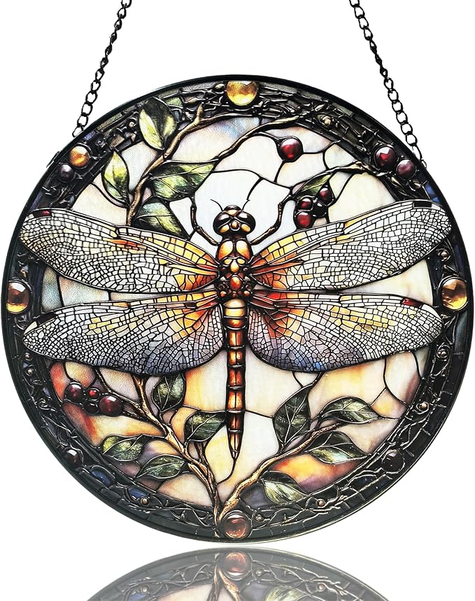 Stained Glass Sun Catcher,A Dragon-flyStained Glass Window Hanging Garden Decor,Sun Catchers Indoor Window,Whimsical Decoration for Home Backyard Patio Lawn Porch with 7.9 INCH