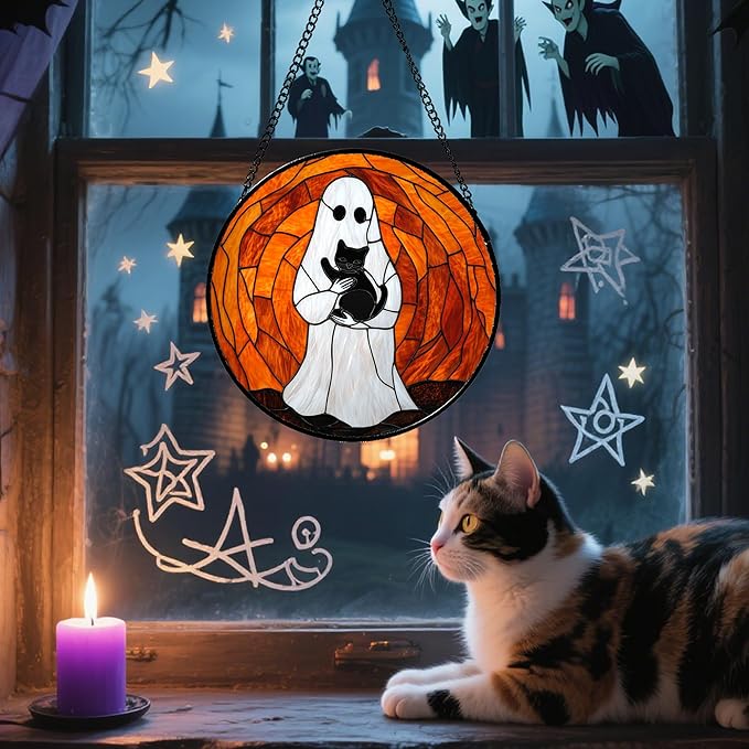 CRISGIF Stained Glass Window Hanging - Halloween Cute White Ghost Black Cat Suncatcher for Doors Garden Home Spooky Orange Sun Catchers Gothic Decor Horror Gift for Women Men Friend Boy Girl 15 in