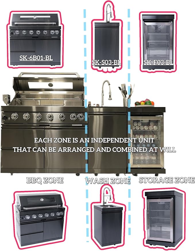 85 Inches Propane Grills 6-Burner 85000 BTU Deluxe 304 Stainless Steel Gas Outdoor Kitchen Bar Barbecue Island Grill, Wine Cooler Compact Refrigerator, Granite Countertops, Stainless Steel Sink, Black