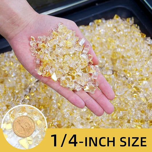 20 Pounds Fire Glass 1/4 Inch High Reflective Tempered Firepit Glass Rocks for Fireplace, Fire Pit Table, Fire Bowl and Landscaping (Gold)