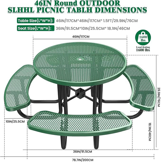 46" Round Top Outdoor Picnic Table Set for Up to 8 Persons, Outside Table Set with 4 Built-in Benches, Metal Commercial-Grade Dining Furniture with Umbrella Hole for Garden, Backyard, Porch, Green
