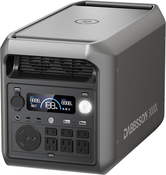 DABBSSON 3072Wh Portable Power Station, Semi-Solid LiFePO4, 3000W AC Output×6,TT-30×1 for Charging RV,P-Boost 3600W, Compact Lightweight, 1.3X Runtime,0-80% 1.5H,3000L Solar Generator for Camping/Home