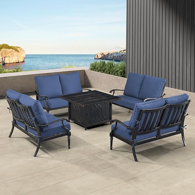 Oakland Living Black Aluminum Patio Fire Table Set with Four Deep Seating Loveseat with Cushions with Blue Cushions