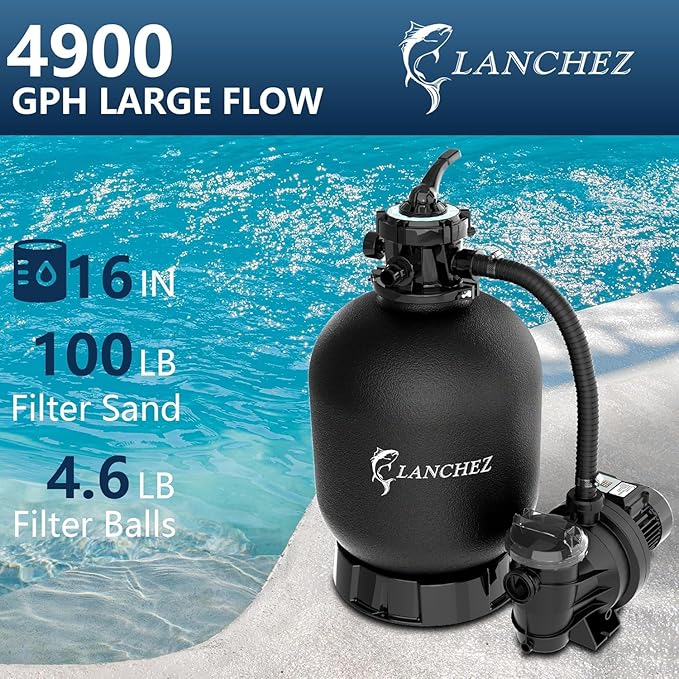 LANCHEZ 16" Sand Filter Pump for Above Ground Pool with Timer, 1.5 HP Pool Pump, Max 4900 GPH for Pools Up to 16,000 GAL, 6-Way Valve Pool Sand Filter System