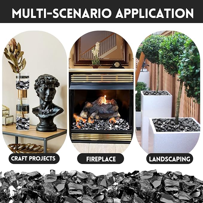 20 Pounds Fire Glass 1/2 Inch High Reflective Tempered Firepit Glass Rocks for Fireplace, Fire Pit Table, Fire Bowl and Landscaping (Onyx Black)