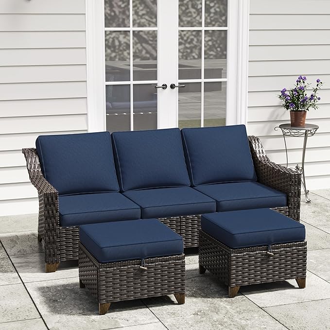 3 Pieces Outdoor Conversation Furniture Set - 77" Patio Sofa, 2 Rattan Wicker Ottomans, Patio Wicker Couch Set with Water-Resistant for Sunroom, Deck, Porch (Navy Blue)