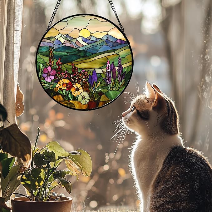 QZQCBLC Stained Glass Window Hanging Purple Wildflowers Pastoral Scenery 7.8" - Suncatcher Door Garden Sun Catcher Home Decor Birthday Christmas for Mom Men Woman Friend