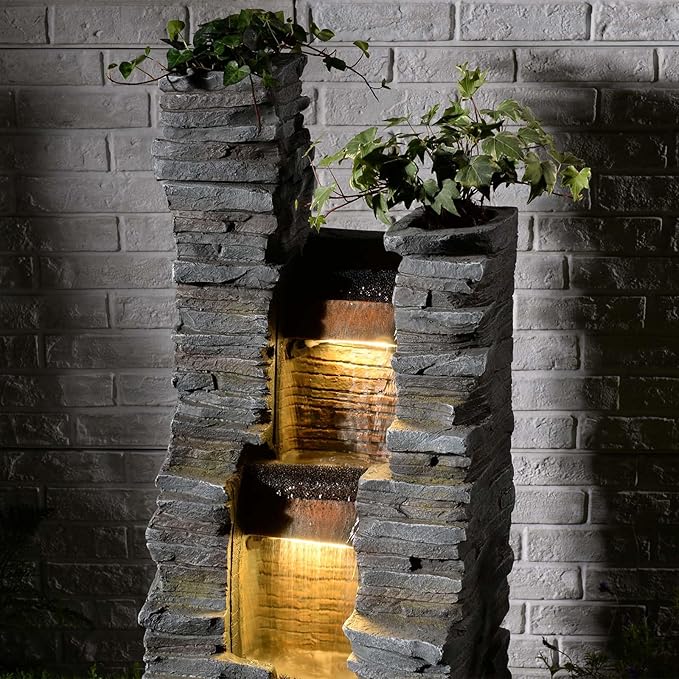 Bumilgar 47" H Garden Water Fountain Outdoor with LED Lights & Pump, 3-Tier Cascading Outdoor Fountain for Garden,Patio,Porch,Backyard,Home Art Decor (Gray)
