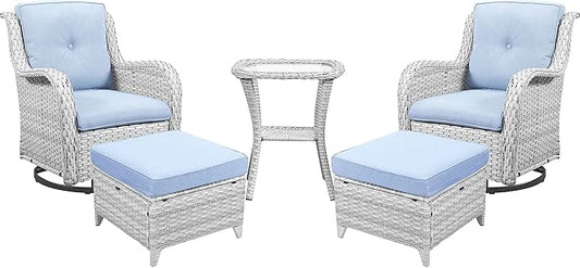 Belord Outdoor Swivel Rocker Furniture 5 Pieces Patio Wicker Furniture Sets, Rattan Patio Swivel Glider Chairs with 2 Ottoman and Glass Side Table