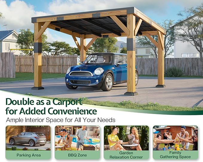 Jocisland 10' x 12' Cedar Wood Gazebo with Sloped Galvanized Steel Roof, Hardtop Gazebo Pavilion with Durable, Rot-Resistant Construction, Permanent Outdoor Pergola for Backyard, Garden & Deck