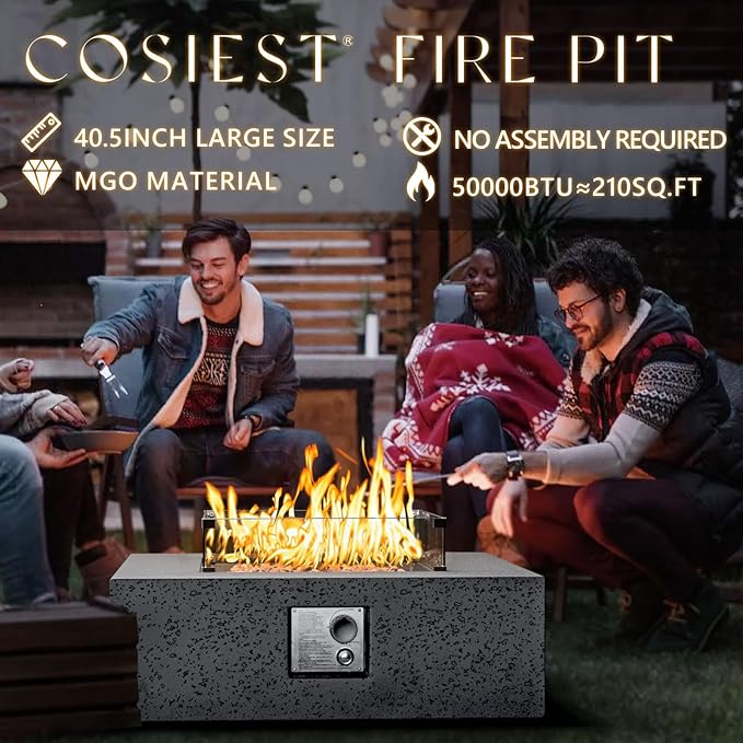 COSIEST Outdoor Propane Fire Pit Coffee Table w Square Faux Stone 35-inch Base, Certified, 50,000 BTU Stainless Steel Burner, Free Lava Rocks and Rain Cover, Wind Guard, Tank Cover,Gray
