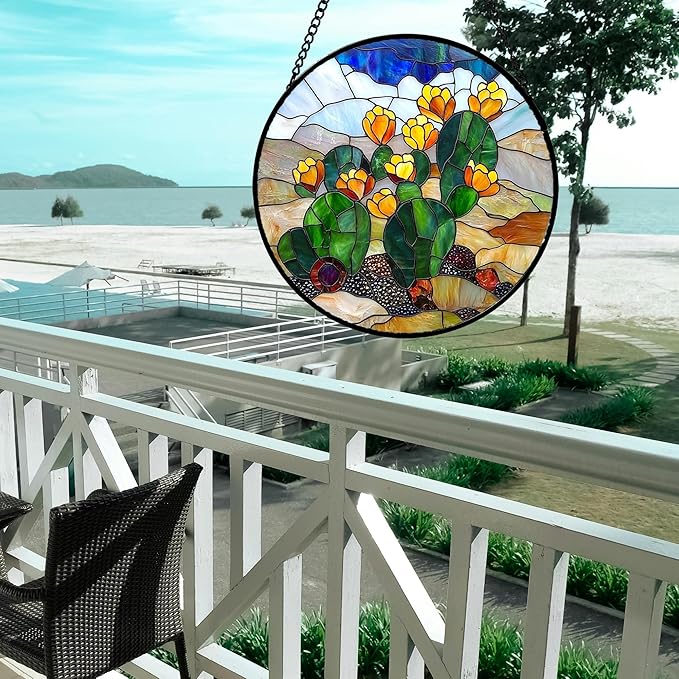QZQCBLC Stained Glass Window Hanging Green Cactus with Yellow Flowers Large 11.8" - Suncatcher Door Garden Sun Catcher Home Decor Birthday Christmas for Woman Nana Friend Men Kids