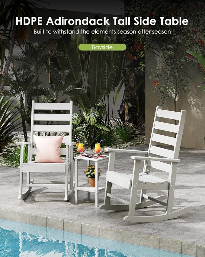 GREENVINES Tall-Outdoor-Side-Table Set of 2 | 23.5" | HDPE Plastic | Patio Adirondack End Tables | All Weather | 2-Tier | White | for Porch Garden Indoor & Rocking Chairs