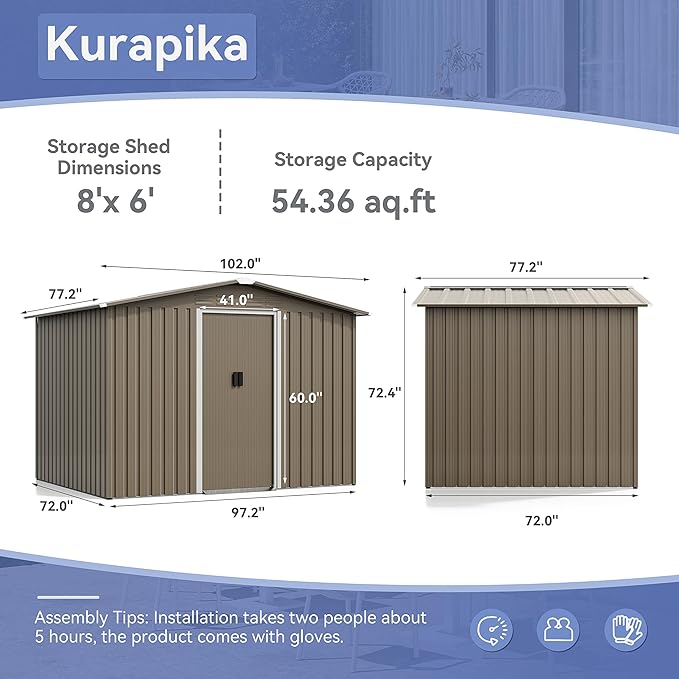 Kurapika 8×6 FT Metal Outdoor Storage Shed Large Tool Shed with Floor, Lockable Door, for Garden, Patio, Backyard, Lawn(Brown)