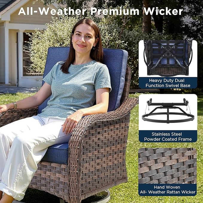6 Piece Outdoor Patio Wicker Furniture Sets-High Back Patio Conversation Set with Rattan Sofa, Wicker Swivel Rocker Patio Chairs and Thick Cushions Ottomans for Porch Balcony Patio Deck Brown/Blue