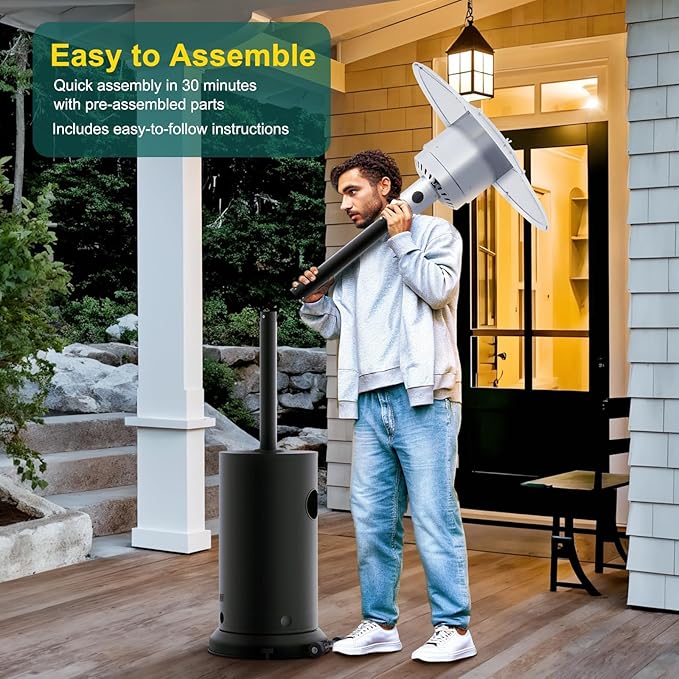 48000BTU Outdoor Propane Patio Heater with Wheels, Triple Safety Protection, Stainless Steel Burner, Includes Round Table for Porch, Camping, Backyard Use, Gray