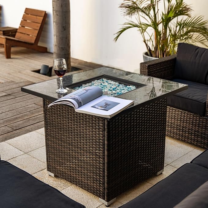 Propane Fire Pit Table, 30 Inch Wicker Firepits for Outside, Square Gas Fire Pit for Outside Patio, Propane Fire Table for Patio, Backyard, Pool, 40,000 BTU, Tank Inside, Espresso Color