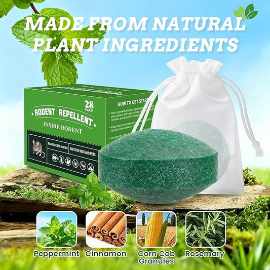 28 Pack Mouse Repellent Tablets - Natural Peppermint Oil, Rodent Repellent for Corners, Cars & Indoors/Outdoors,Safe for Family & Pets -Repels Mice, Squirrels & Spiders
