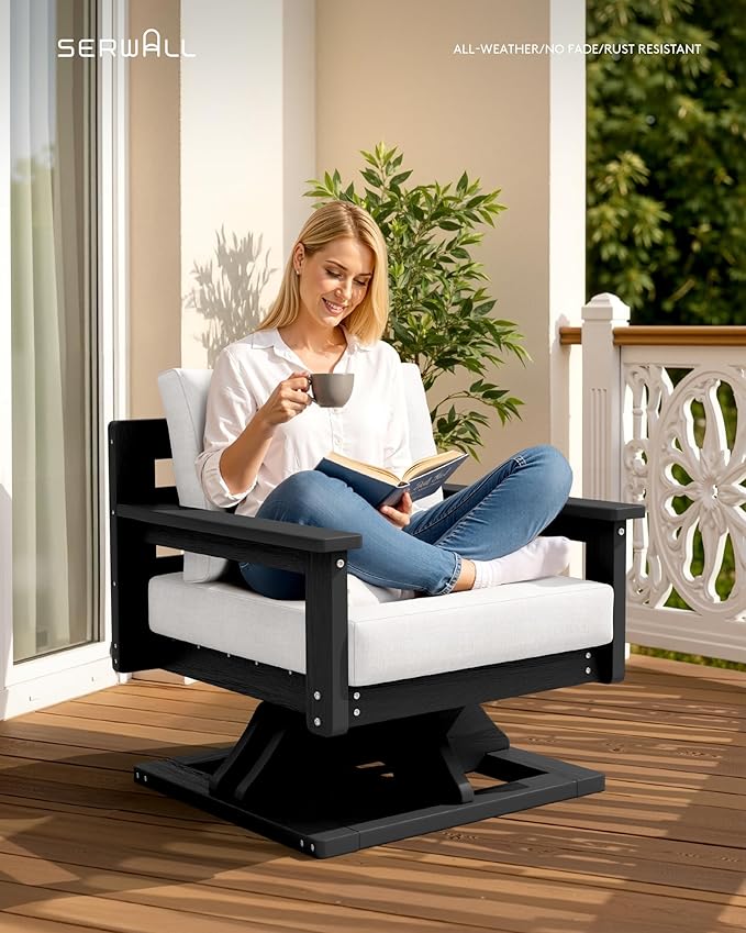 SERWALL Outdoor Swivel Chairs, HDPE All-Weather Patio Swivel Sofas with Thick Cushions for Porch, Balcony, Black Frame with Beige Cushions