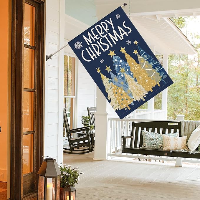 AVOIN colorlife Merry Christmas House Flag 28x40 Inch Double Sided Outside, Christmas Trees Winter Holiday Yard Outdoor Flag Blue