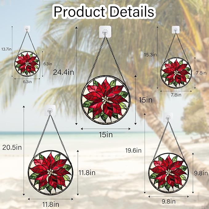 CRISGIF Stained Glass Window Hanging - Red Poinsettia Birth Flower Suncatcher for Door Garden Yard Sun Catchers Decor Christmas Mother's Day Birthday Gifts for Women Mom Nana Friend Men 15 in