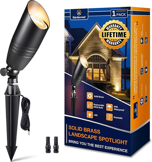 Gardenreet Landscape Spotlights Low Voltage - Brass 12V Outdoor Uplight LED, Wired Spot Lights IP65 Waterproof, Bright Metal Black for Exterior Garden Yard Tree House Without MR16 Bulb
