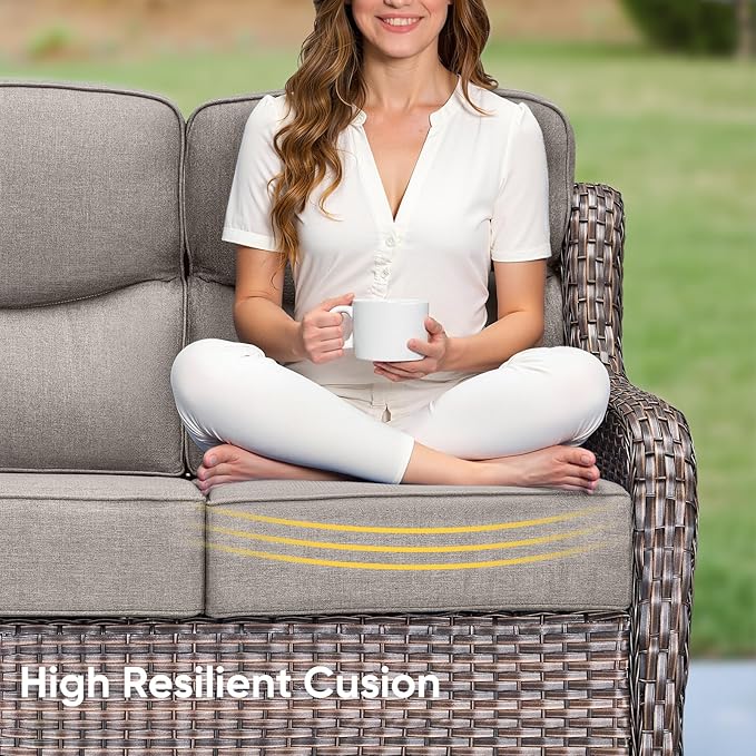 Luxury Patio Sofa 3-Seat Wicker Couch with 6" Thick Cushion - Outdoor Furniture Rattan Sofa with Deep Seating High Back Outdoor Sofa for Patio Garden Balcony Sunroom Backyard, Brown Grey