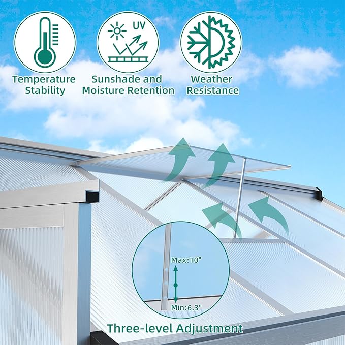 6x8 FT Greenhouse - Large Aluminum Greenhouses for Outdoors, Heavy Duty Polycarbonate Greenhouse with Roof Vent&Ground Nails, Walk-in Green Houses for Garden, Backyard, Patio, Easy Assembly