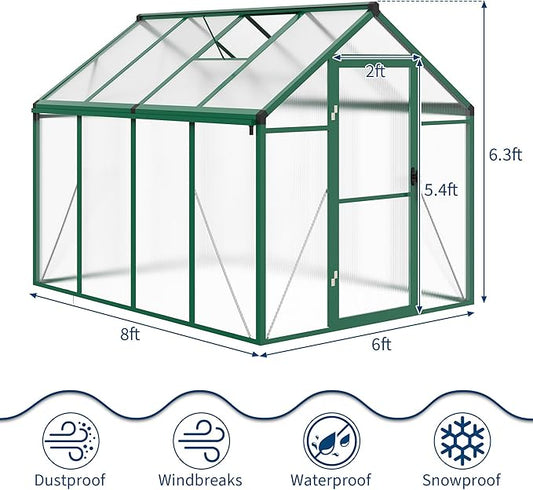 6 x 8 ft Greenhouse, Greenhouses for Outside, Polycarbonate Greenhouse with Aluminum Frame, Lockable Door and Ajustable Roof Vent for Backyard, Green Houses for Outside Garden Backyard, Patio