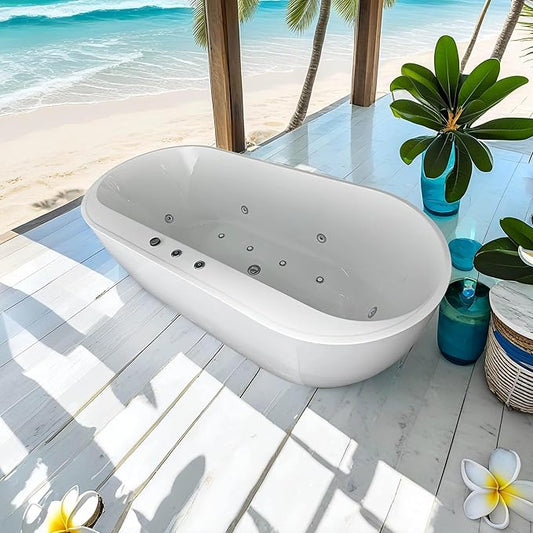 67"x31.5" Jetted Tubs with 6 Whirlpool Nozzles and 8 Air Bubbles, White Freestanding Massage Whirlpool Bathtub, Hydro Massage, Color-Changing LED Chromatherapy, Air type control switch