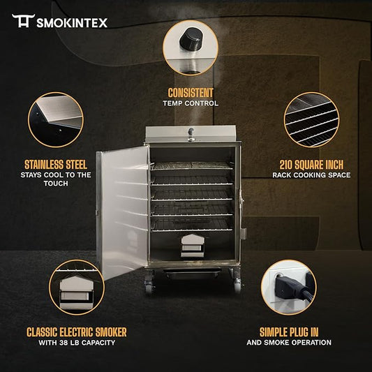 SmokinTex 'The OG' Electric Smoker - Spacious & Insulated Stainless Steel Meat Smoker with 700W Heating, & Temperature Control for BBQ, Jerky, Vegetables