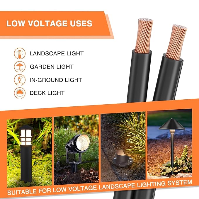 SUNVIE 100FT 12 Gauge Low Voltage Wire 12/2 Low Voltage Landscape Wire, 12 AWG 2 Conductor Electric Wire Direct Burial 12 Gauge Stranded Copper Wire for Landscape Lighting Lamp Wires, ETL Listed