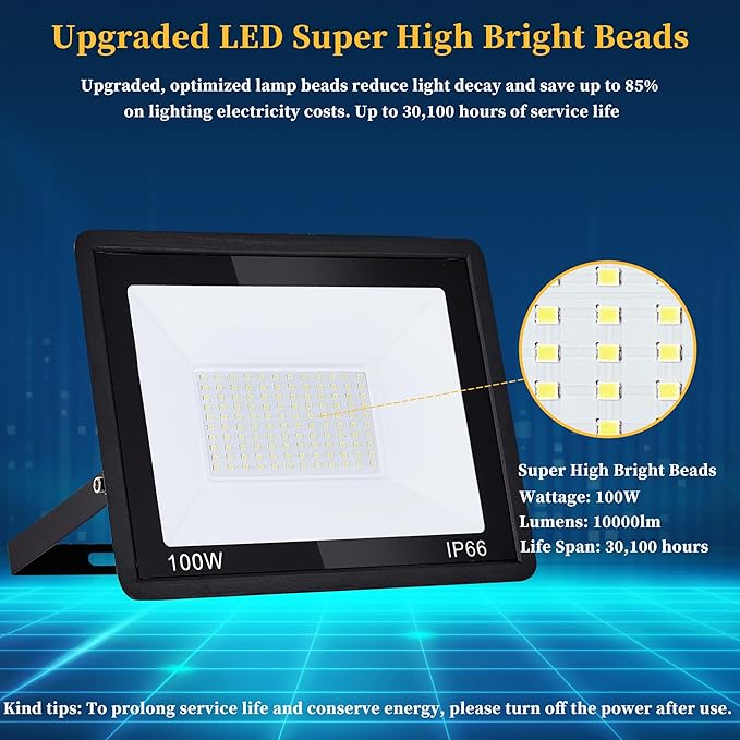 4 Pack 100W LED Flood Lights Outdoor Plug in, 10000 LM Super Bright Outdoor Lights, Portable IP66 Waterproof LED Work Light, 6000K Daylight White Floodlights for Garage Yard Garden Playground