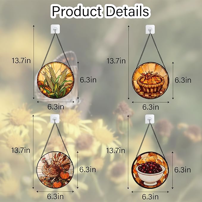 AMDERVEN Stained Glass Window Hanging 4 Pcs Set Brown Turkey Berry Corn 6.3" - Suncatcher Door Garden Sun Catcher Decor Birthday Thanksgiving Mother's Day for Mom Woman Nana Men
