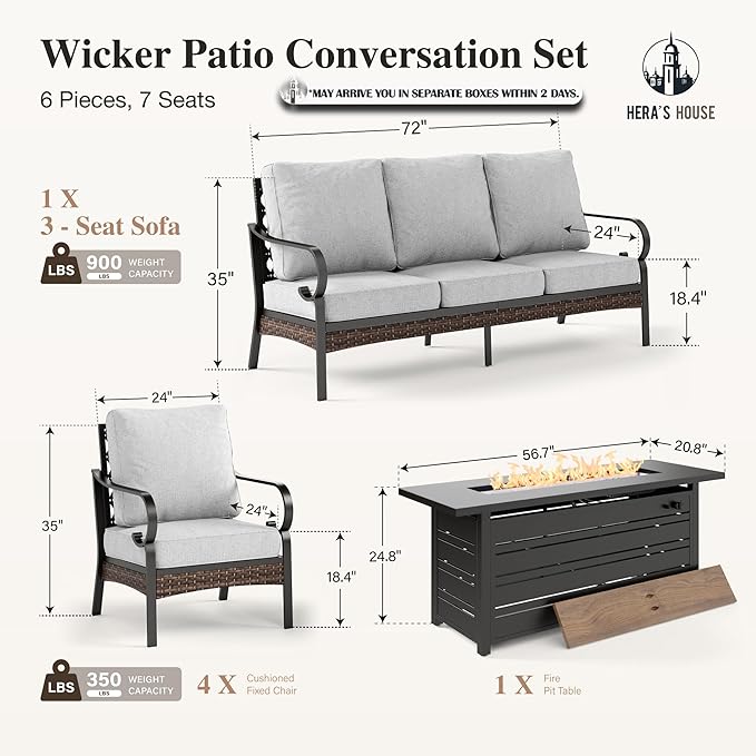 HERA'S HOUSE 6 Piece Metal Patio Furniture Set with 56" Fire Pit Table, All Weather Outdoor Conversation Set, 3 Seat Sofa, 4 Fixed Chairs with Cushions, Seats 7 for Backyard, Garden, Deck, Light Grey
