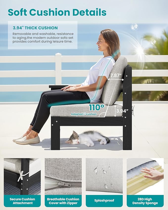 SERWALL 3 Pieces Patio Conversation Set, All-Weather HDPE Outdoor Sofas with Cushions and Coffee Table, Modular Sectional Furniture for Deck, Garden, Backyard, Black Frame with Khaki Cushion