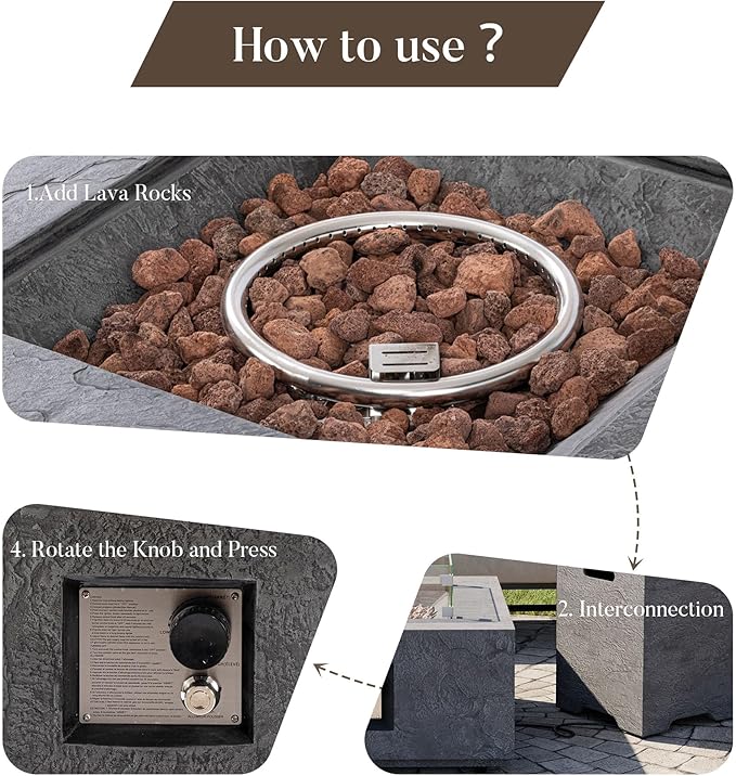 Cosiest Propane Fire Pit for Outside, 28 in Square Gas Fire Pits for Outdoor Patio, Certified, 50000 BTU Concrete Rectangle Base with Rain Cover, Free Lava Rocks