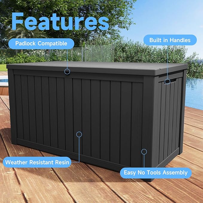 GYMHlLL 180 Gallon Deck Box Large Outdoor Storage Box for Patio Furniture,Outdoor Cushions,Garden Tools and Pool,Supplies,Waterproof,Resin,Lockable(black)