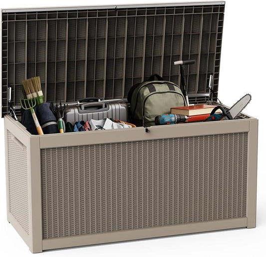 DRATO 320 Gallon Deck Box, Outdoor Large Waterproof Resin Storage Box with Lockable Lid for Patio Cushions, Gardening Tools, Light Brown