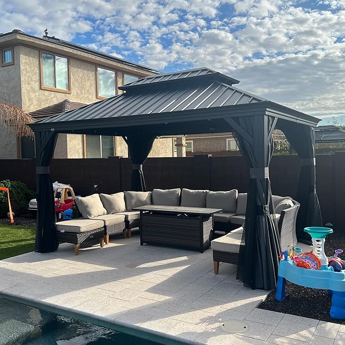 PURPLE LEAF 10' X 13' Hardtop Gazebo Aluminum Permanent Gazebo with Galvanized Steel Double Roof for Patio Lawn and Garden, Curtains and Netting Included, Grey