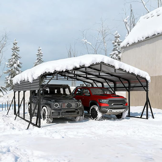 Heavy Duty Metal Carport Canopy, 20x20 FT Outdoor Car Port with Waterpoorf Metal Roof& Side Support Rods, Multi-Use Shelter Outdoor Garage for 2 Car, Boats and Truck