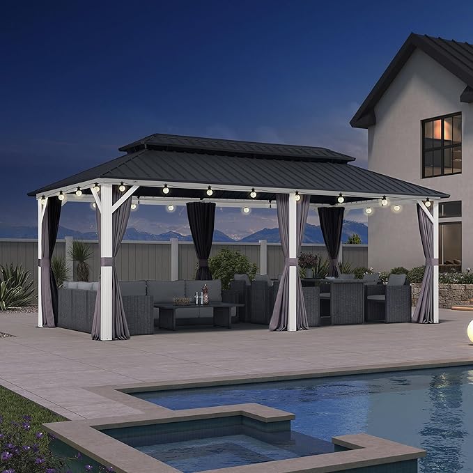 PURPLE LEAF 10' X 20' Outdoor Gazebo Galvanized Steel Double Roof White Aluminum Frame Hardtop Heavy Duty Gazebo with Curtain and Netting for Patio Garden and Backyard, Grey