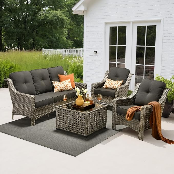 4 Pieces Patio Outdoor Furniture Set,All Weather Wicker Rattan Patio Seating Sofa and Chair Set w/ 3-Seater Sofa and Glowing Coffee Table,Outdoor Conversation Sets for Deck Yard Garden,Black