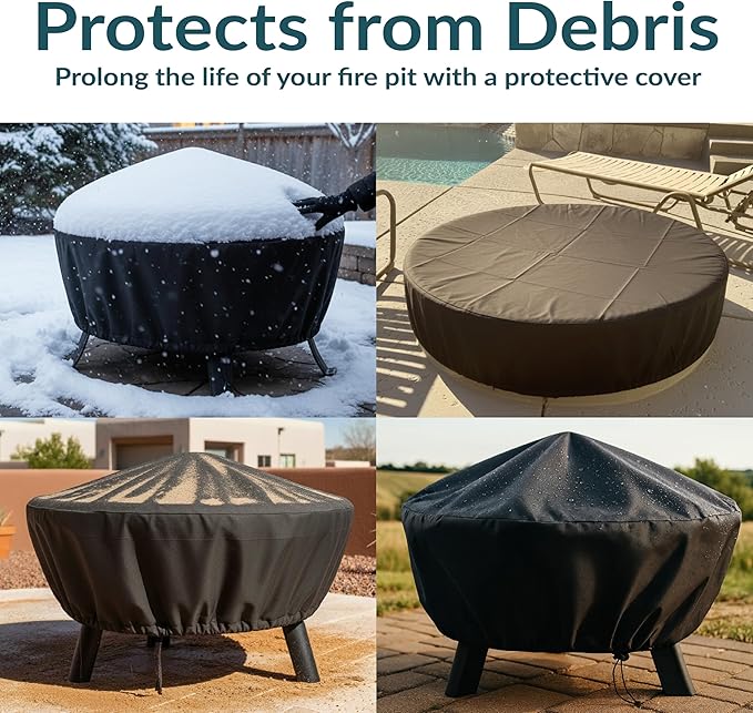 Sunnydaze Round Outdoor Fire Pit Cover - Heavy-Duty 300D Polyester and PVC with Drawstring Closure - Black - 36-Inch