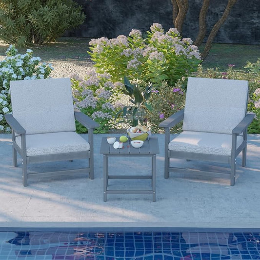3-Piece HDPE Patio Furniture Set, All-Weather Outdoor Sectional Sofa Set with Side Table & Cushions - Wood-Like Composite Conversation Couch for Deck, Lawn, Balcony - Grey Frame