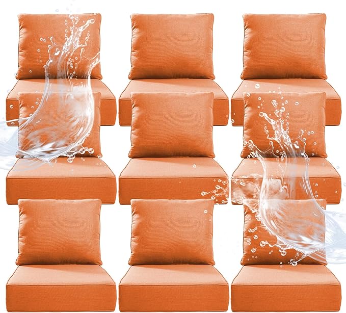 6" Thicker Outdoor Chair Cushion 9 Sets - 24" *24" *6" Waterproof Patio Furniture Cushions with Removable Cover, 28D High Density Sponge Filling Thicken Outdoor Patio Cushions - Orange