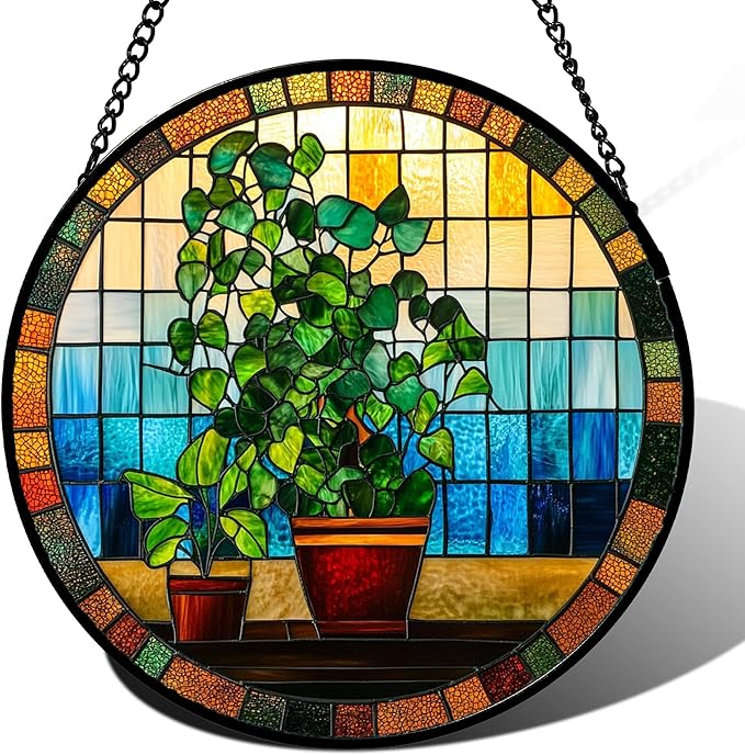 QZQCBLC Stained Glass Window Hanging Green Potted Plants 9.8" - Suncatcher Door Garden Sun Catcher Retro Home Decor Birthday Christmas for Mom Men Woman Nana Friend