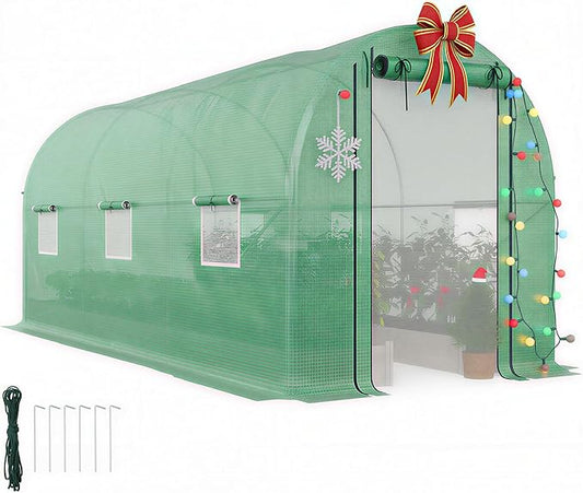 Outsunny 14.6'x6.5'x6.6' Hoop House Greenhouse with 2 Support Rods, Zippered Roll-up Mesh Door, Mesh Windows, Walk-in Tunnel Greenhouse with PE Cover, Galvanized Steel Frame, Outdoor Garden, Green