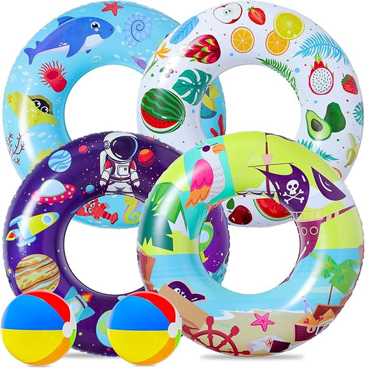 FindUWill 6 Pack Pool Floats Kids, Pool Swim Tubes Rings(4 Pack) - 4Pcs Inflatable Big Floaties Beach Swimming Toys with 2Pcs Beach Balls for Adults Raft Floaties Toddlers