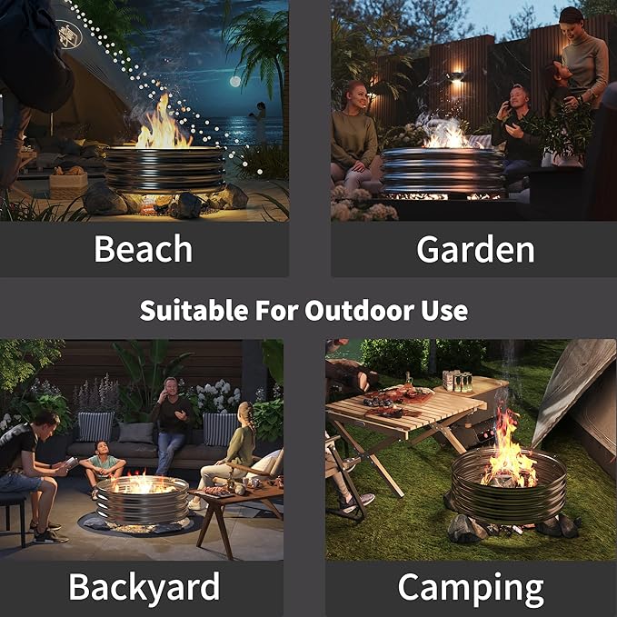 48 Inch Outdoor Fire Pit Ring, Round Galvanized Portable Fire Pit for Camping, Metal Steel Bonfire Fire Ring for Outside, Backyard